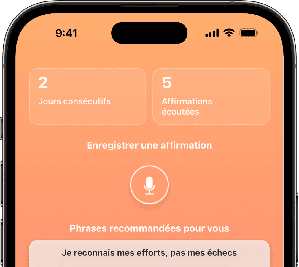 L'écran d'accueil de Voice Affirmation, une application d'affirmations enregistrées