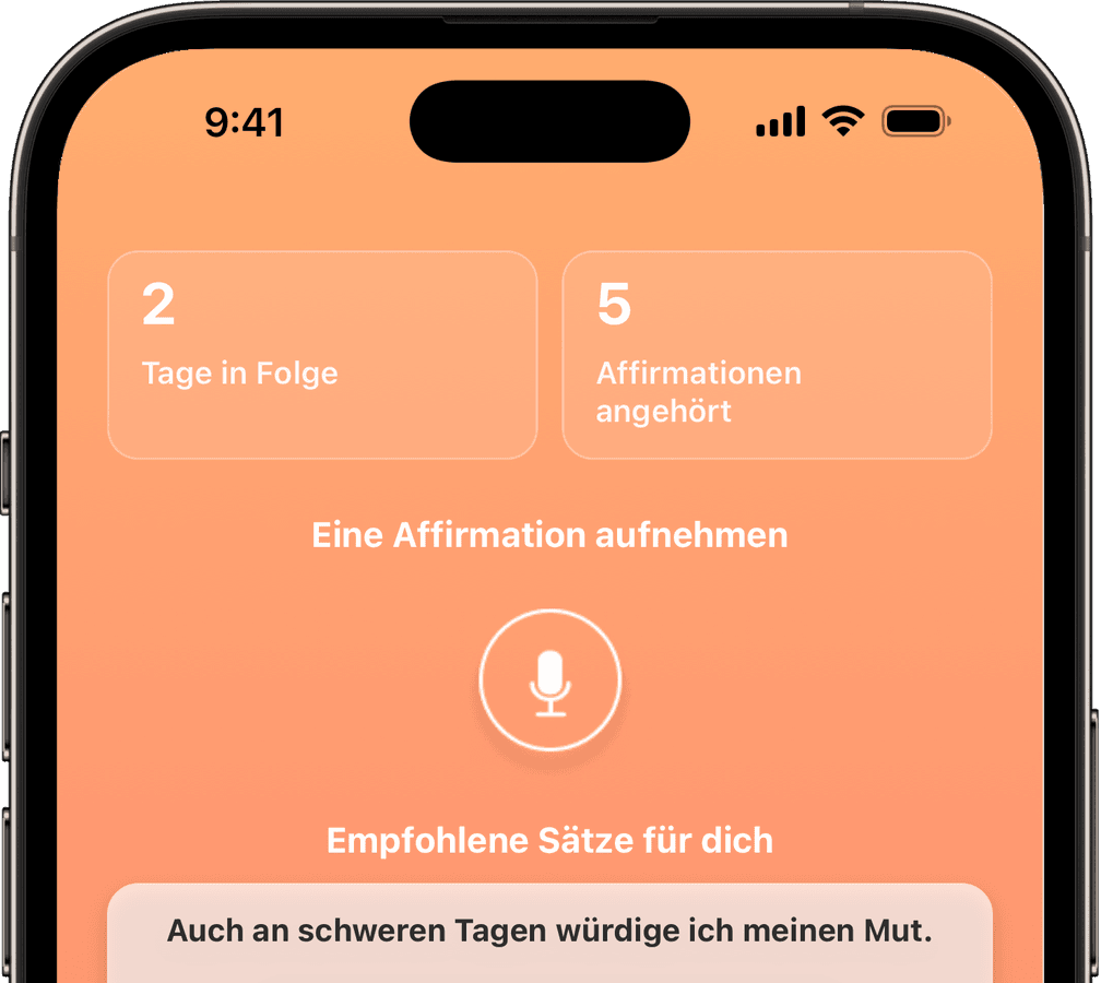 Der Startbildschirm von Voice Affirmation, einer Affirmations-App zum Aufnehmen