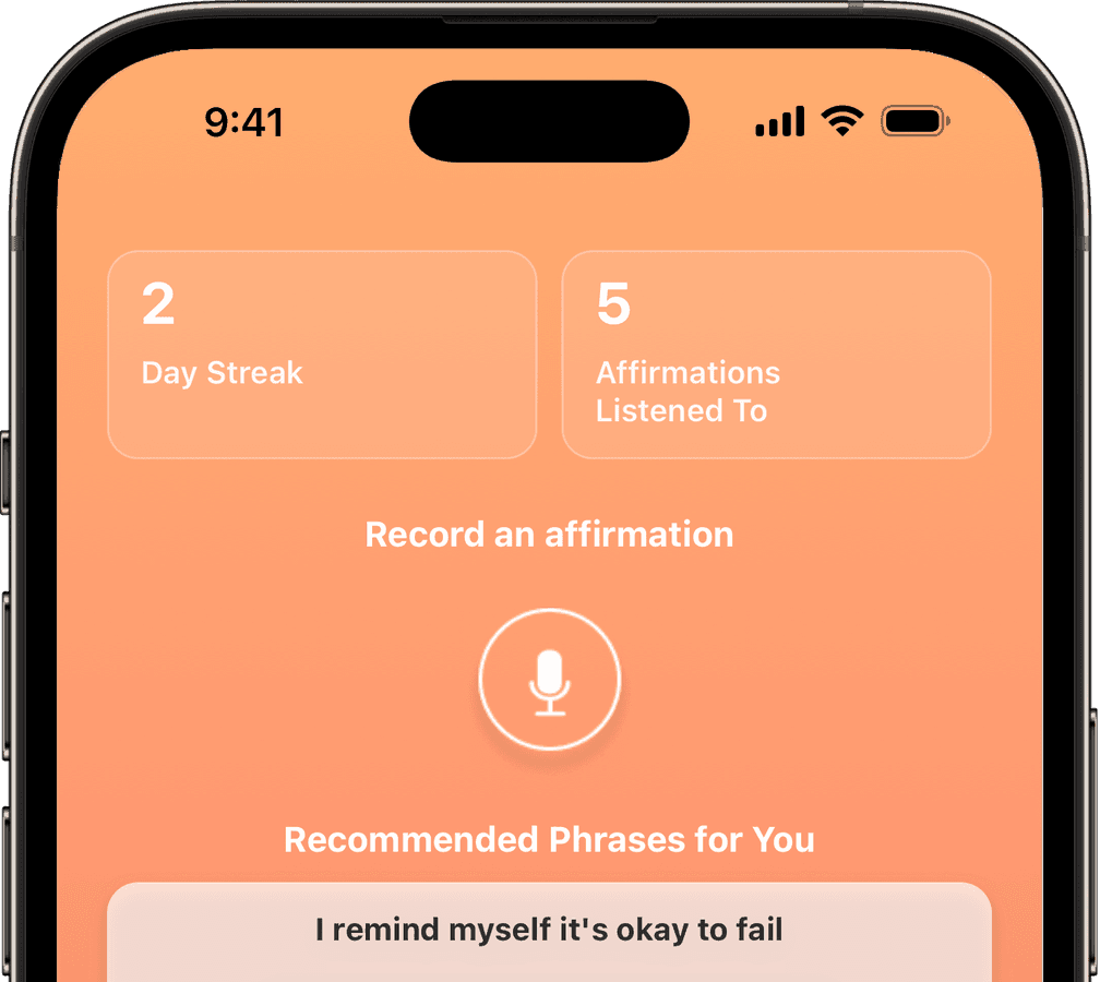 The home screen of Voice Affirmation, an affirmation recording app