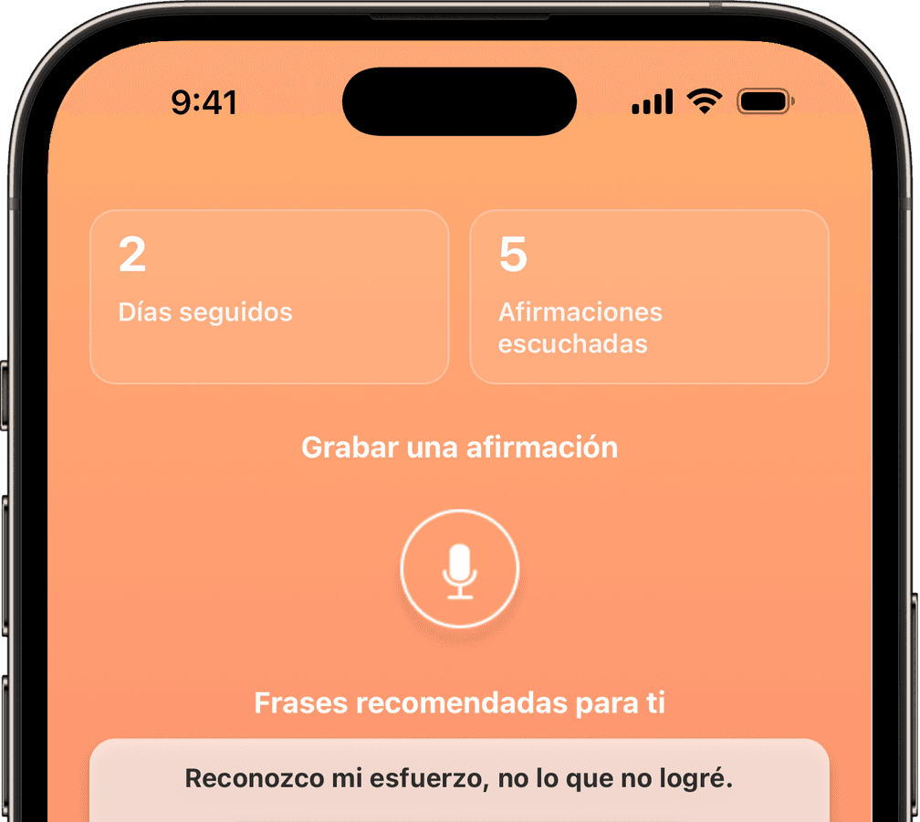 La pantalla de inicio de Voice Affirmation, una app de afirmaciones grabadas